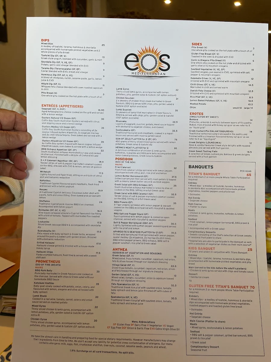 Menu, Eos Greek Tavern