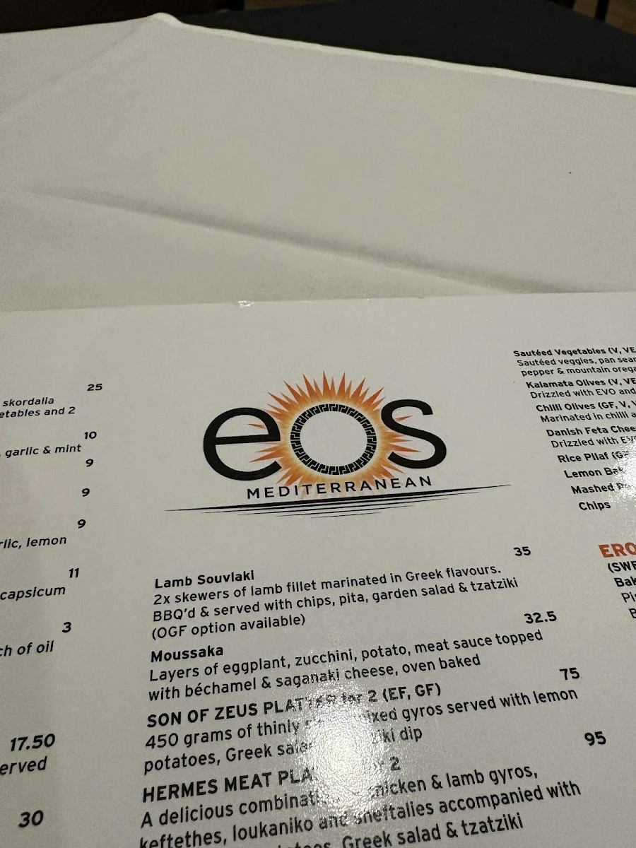 Menu, Eos Greek Tavern