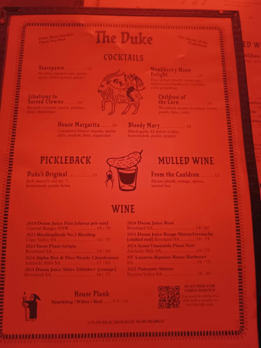Menu, The Duke of Enmore