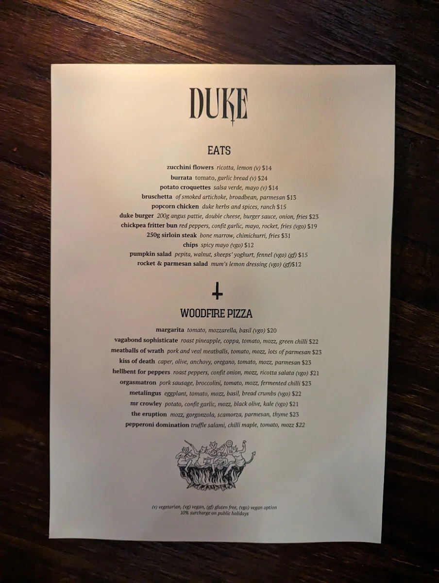 Menu, The Duke of Enmore