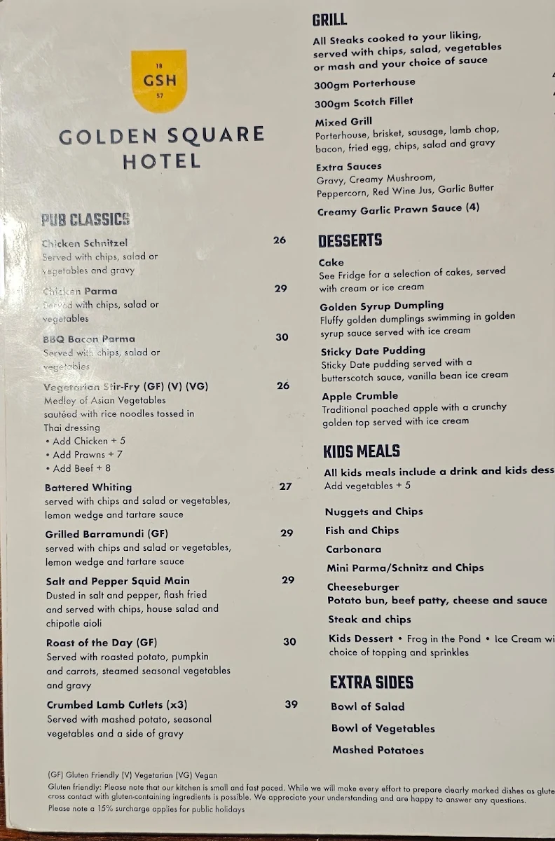 Menu, Golden Square Hotel