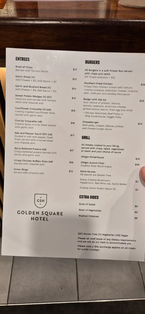 Menu, Golden Square Hotel