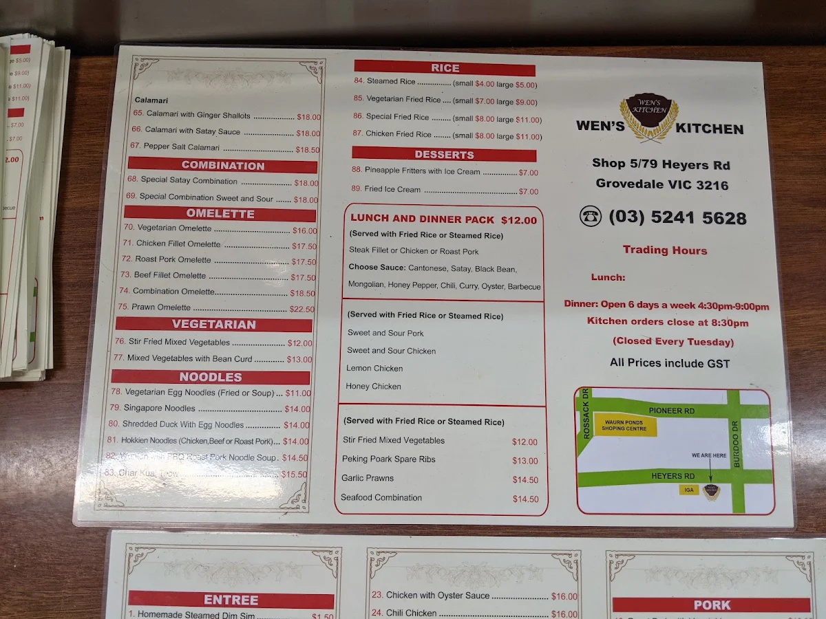 Menu, Wen's Kitchen