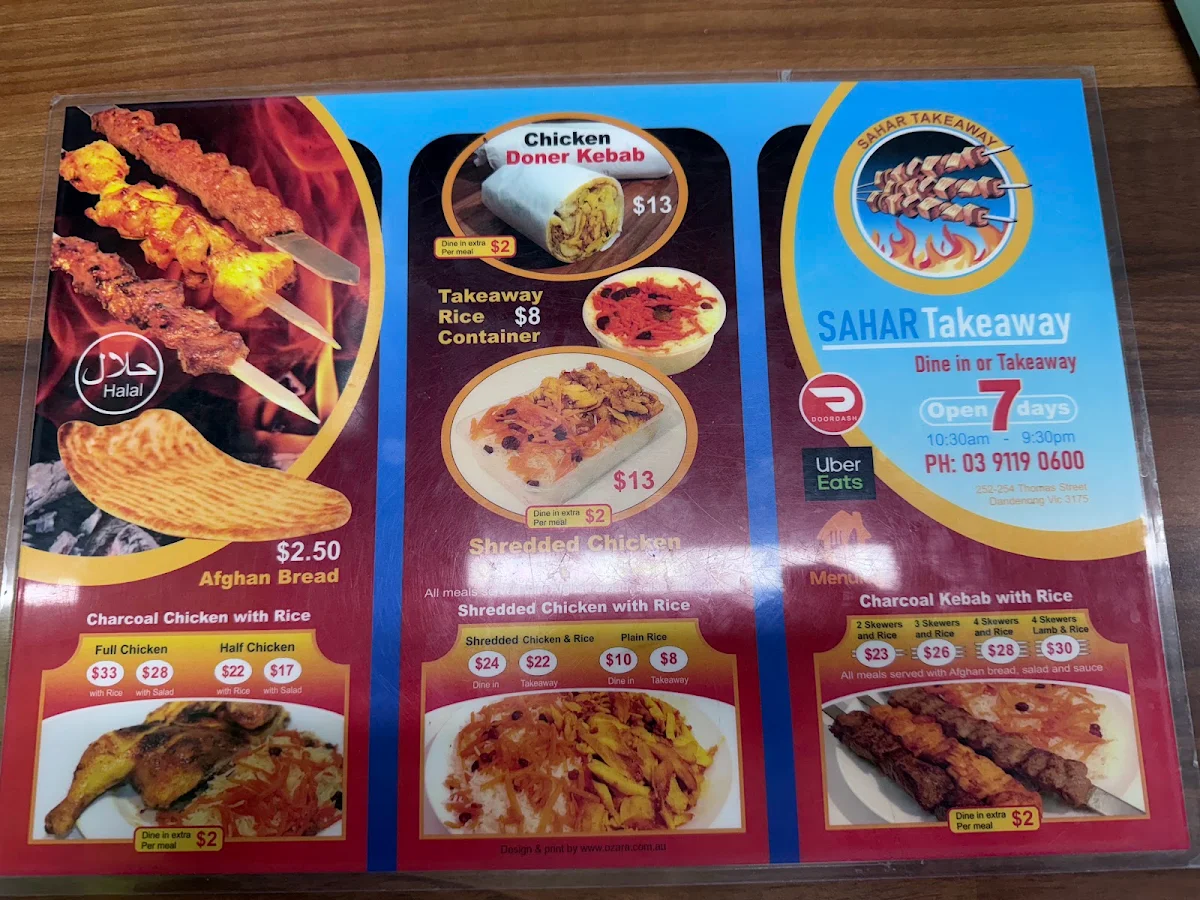 Menu, Sahar Takeaway Dandenong