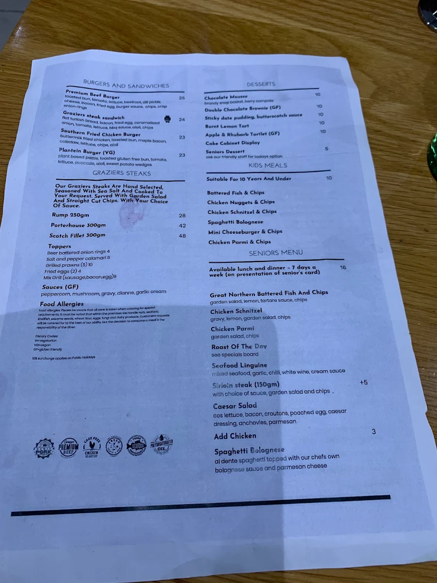 Menu, Seaford Hotel
