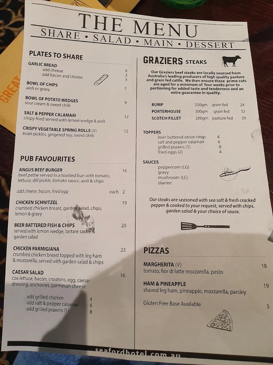 Menu, Seaford Hotel