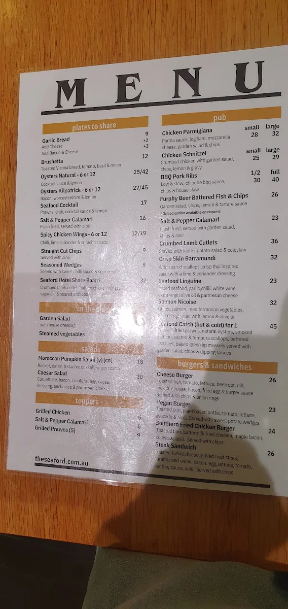 Menu, Seaford Hotel