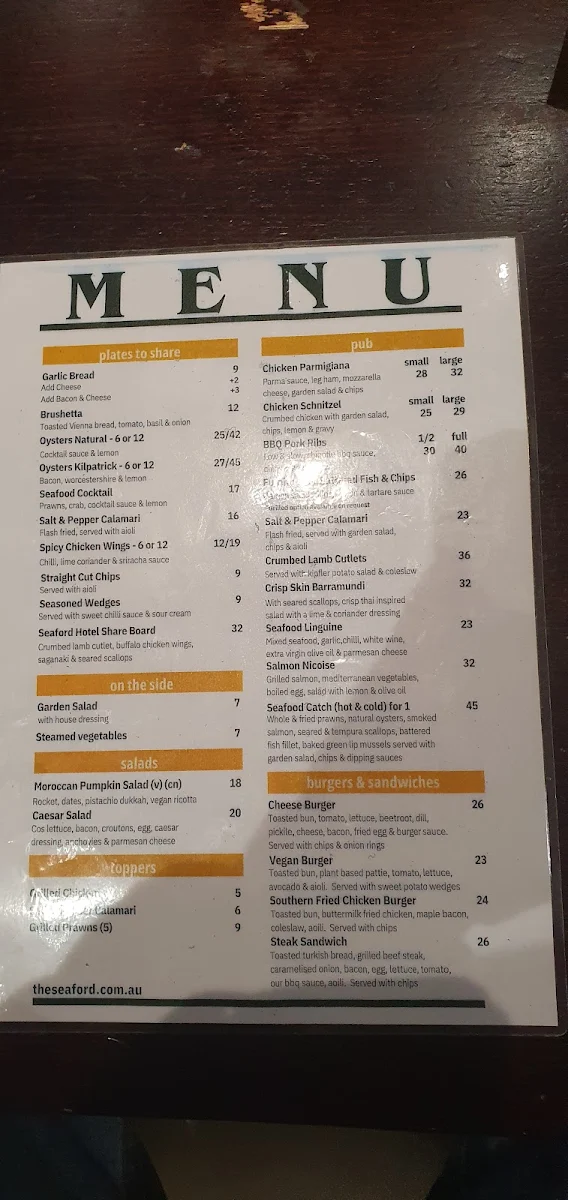 Menu, Seaford Hotel