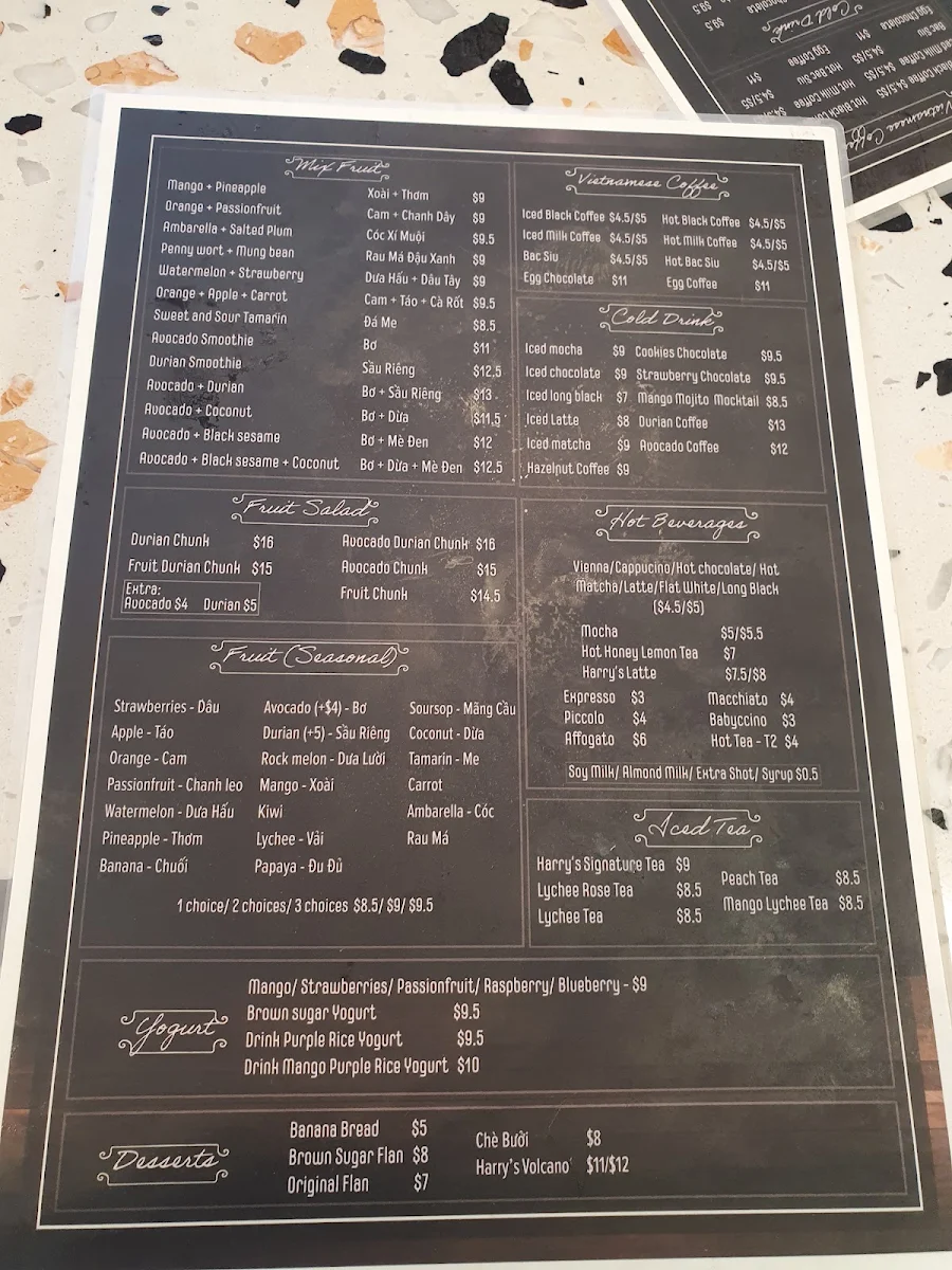 Menu, Harry's House Bankstown