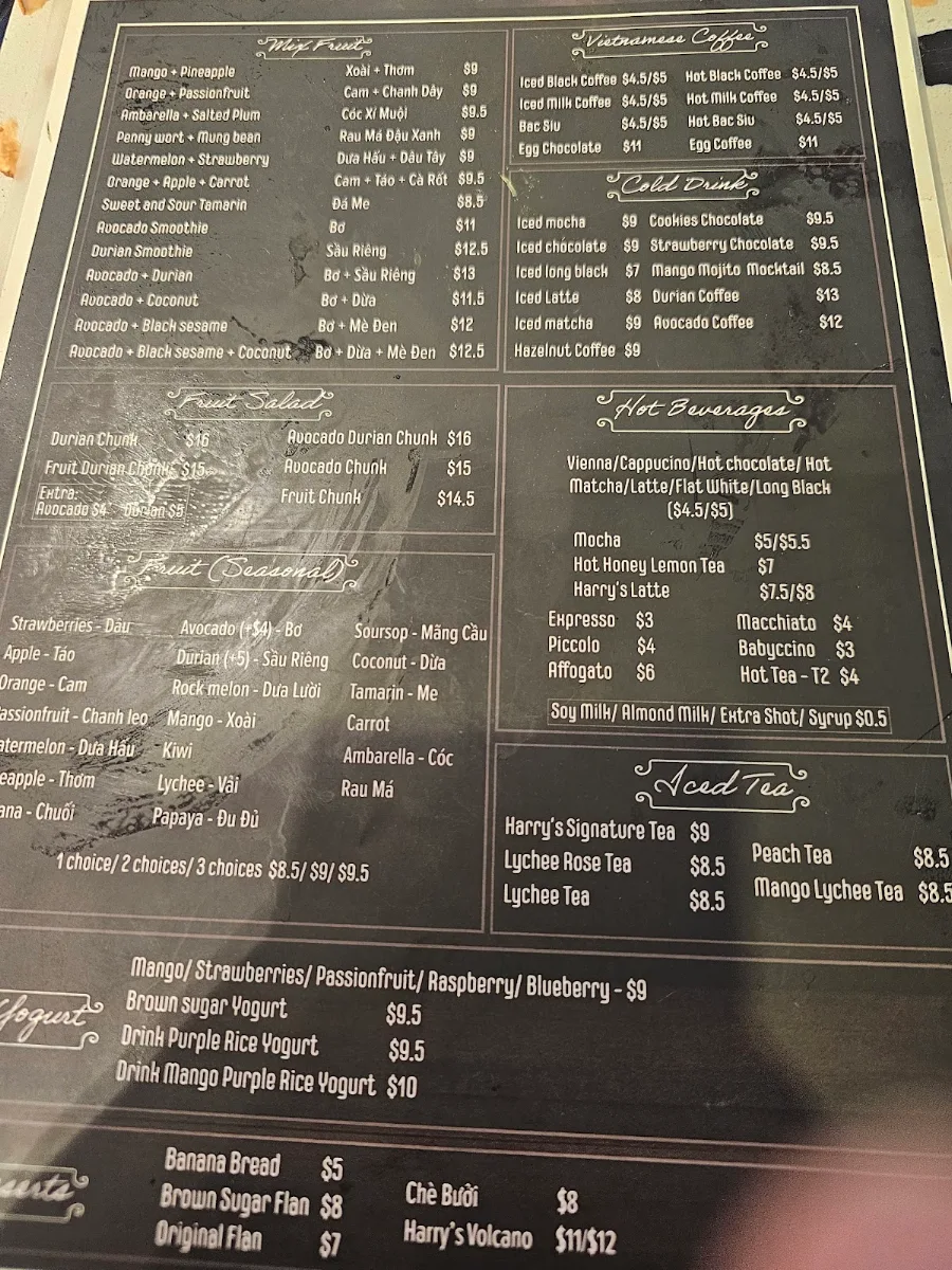 Menu, Harry's House Bankstown