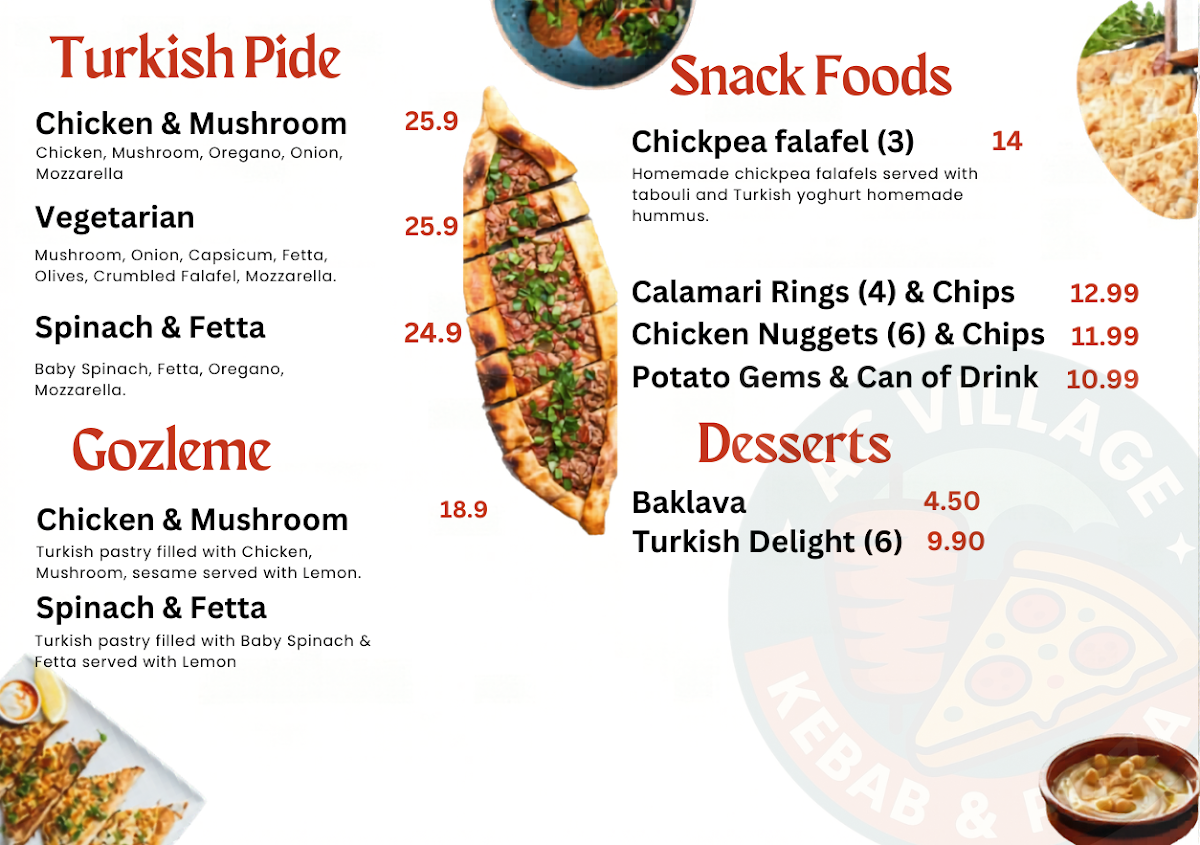 Menu, AC VILLAGE KEBAB AND PIZZA