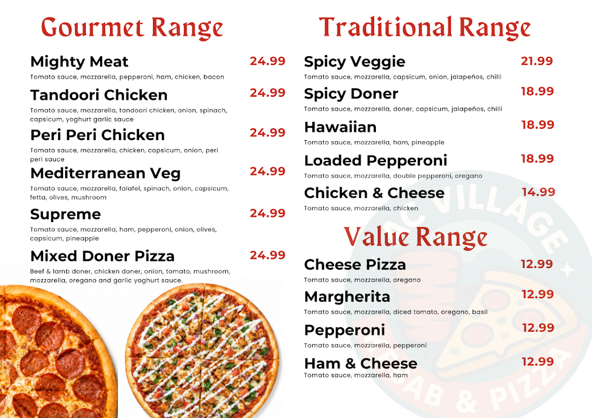 Menu, AC VILLAGE KEBAB AND PIZZA