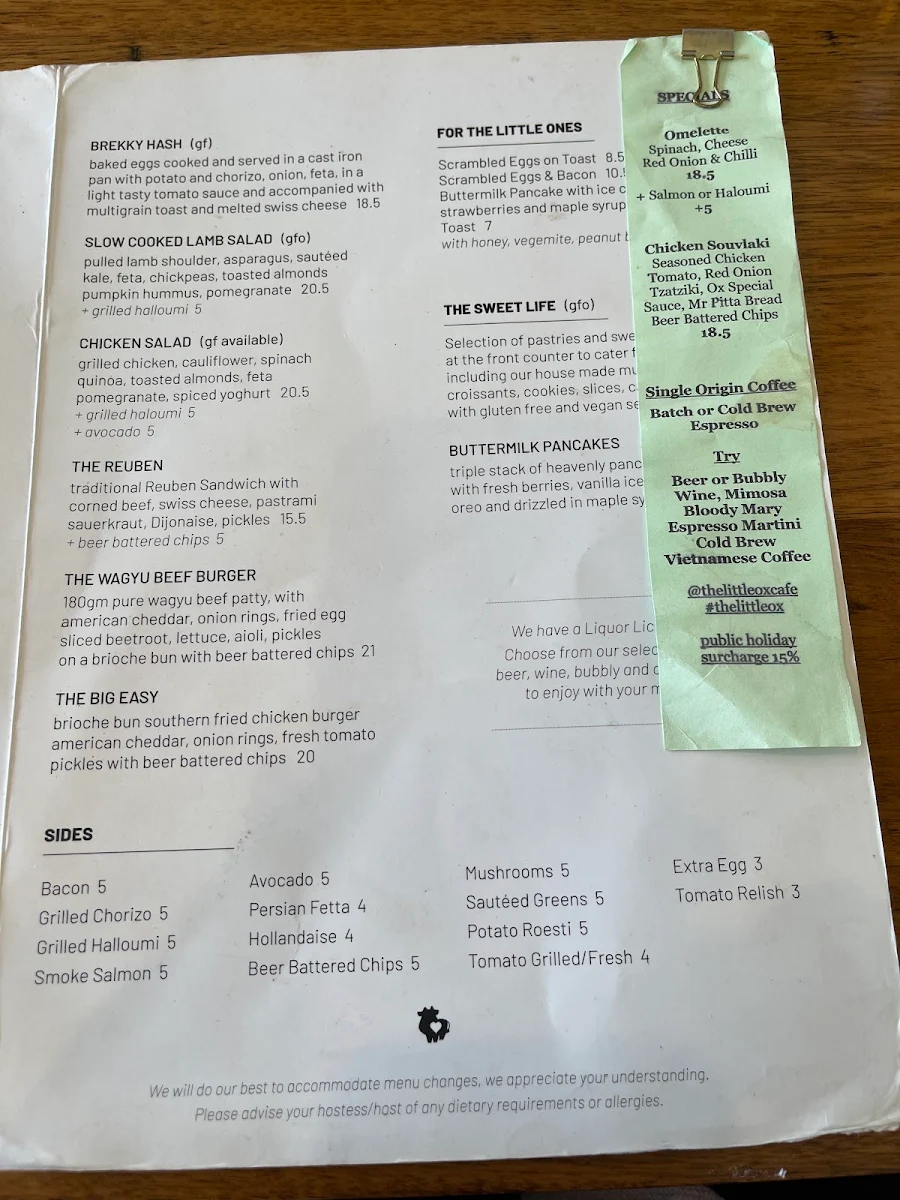 Menu, The Little Ox