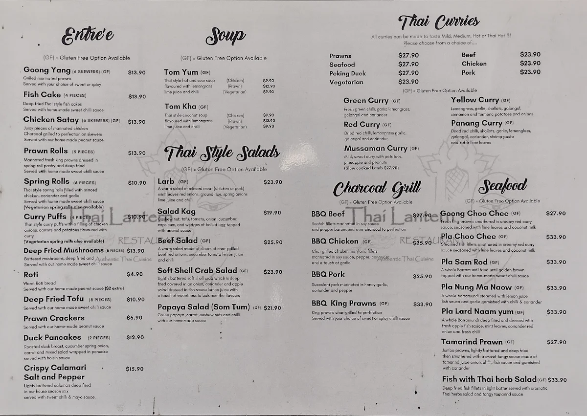 Menu, Thai Lantern Restaurant