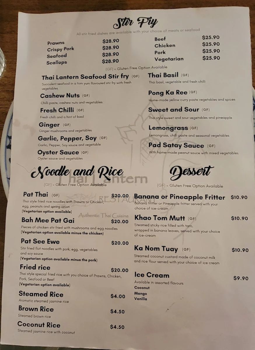 Menu, Thai Lantern Restaurant