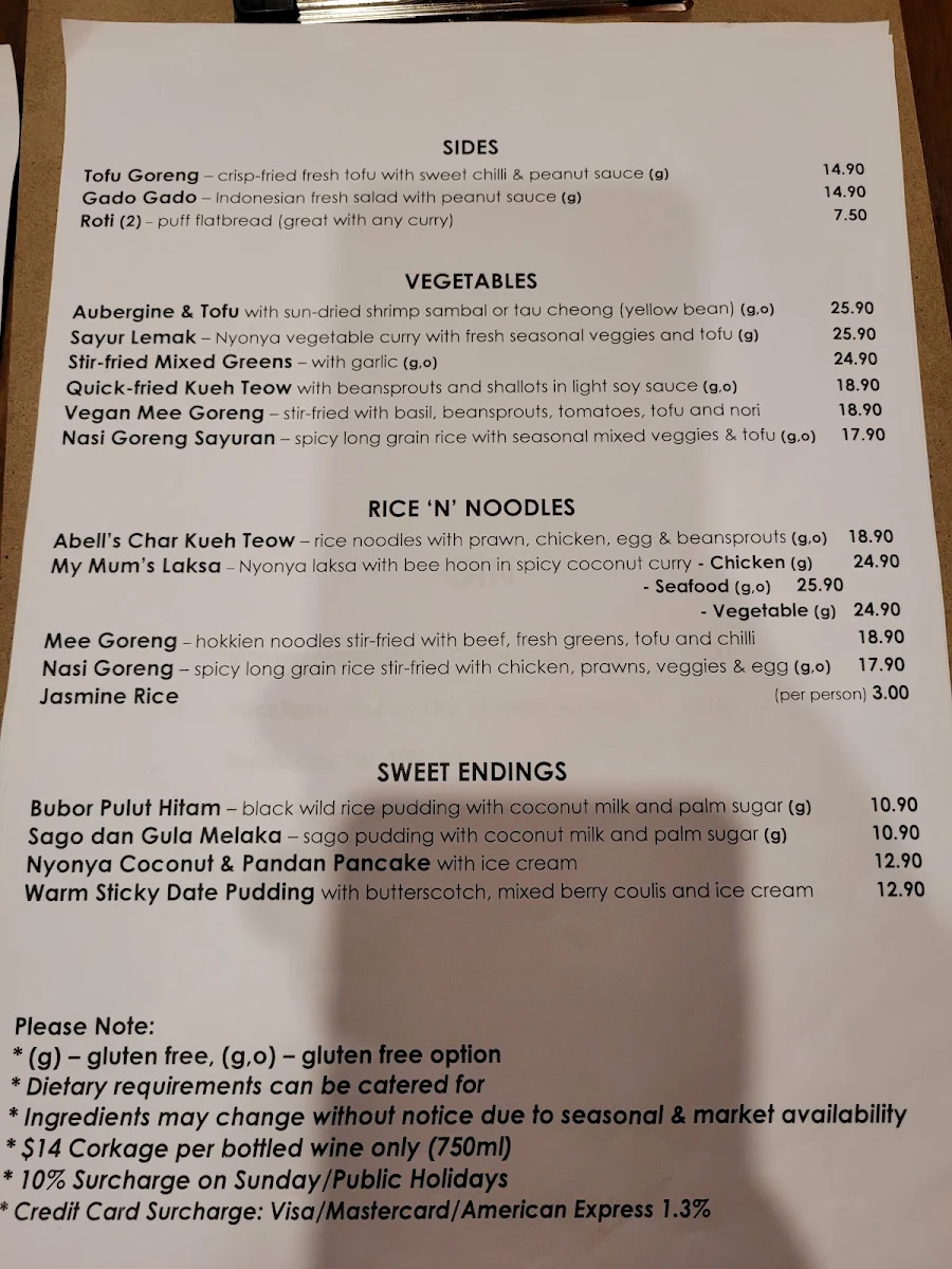 Menu, Abell's Kopi Tiam