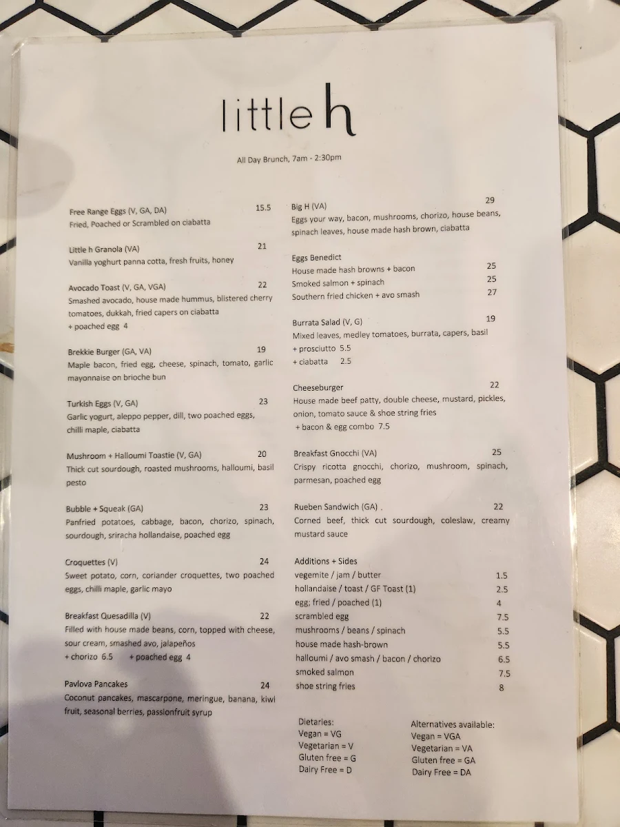 Menu, Little H Cafe