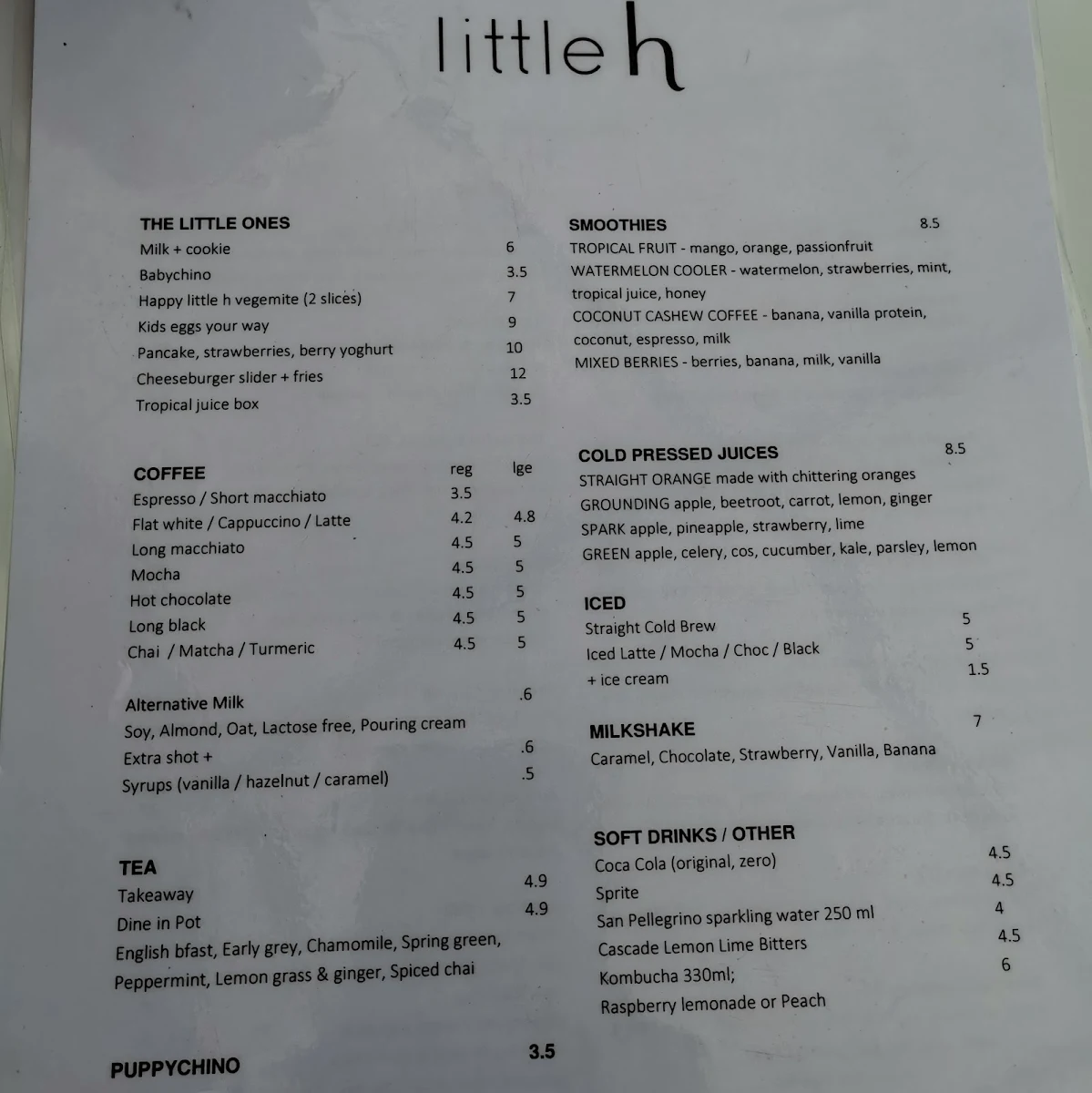 Menu, Little H Cafe