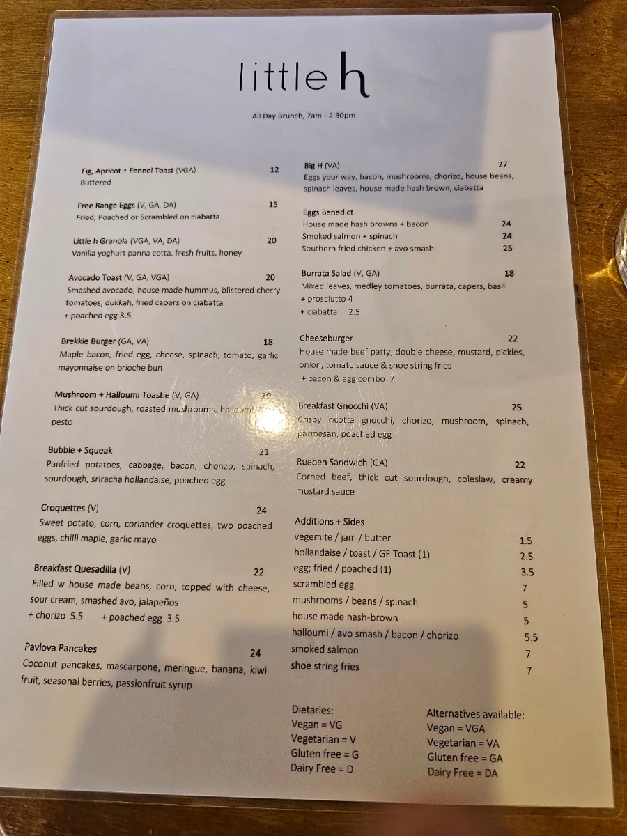Menu, Little H Cafe