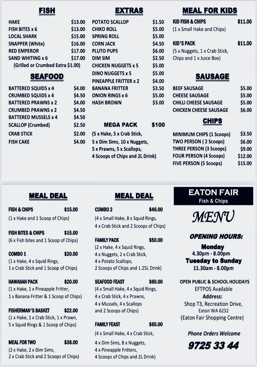 Menu, Eaton Fair Fish and Chip