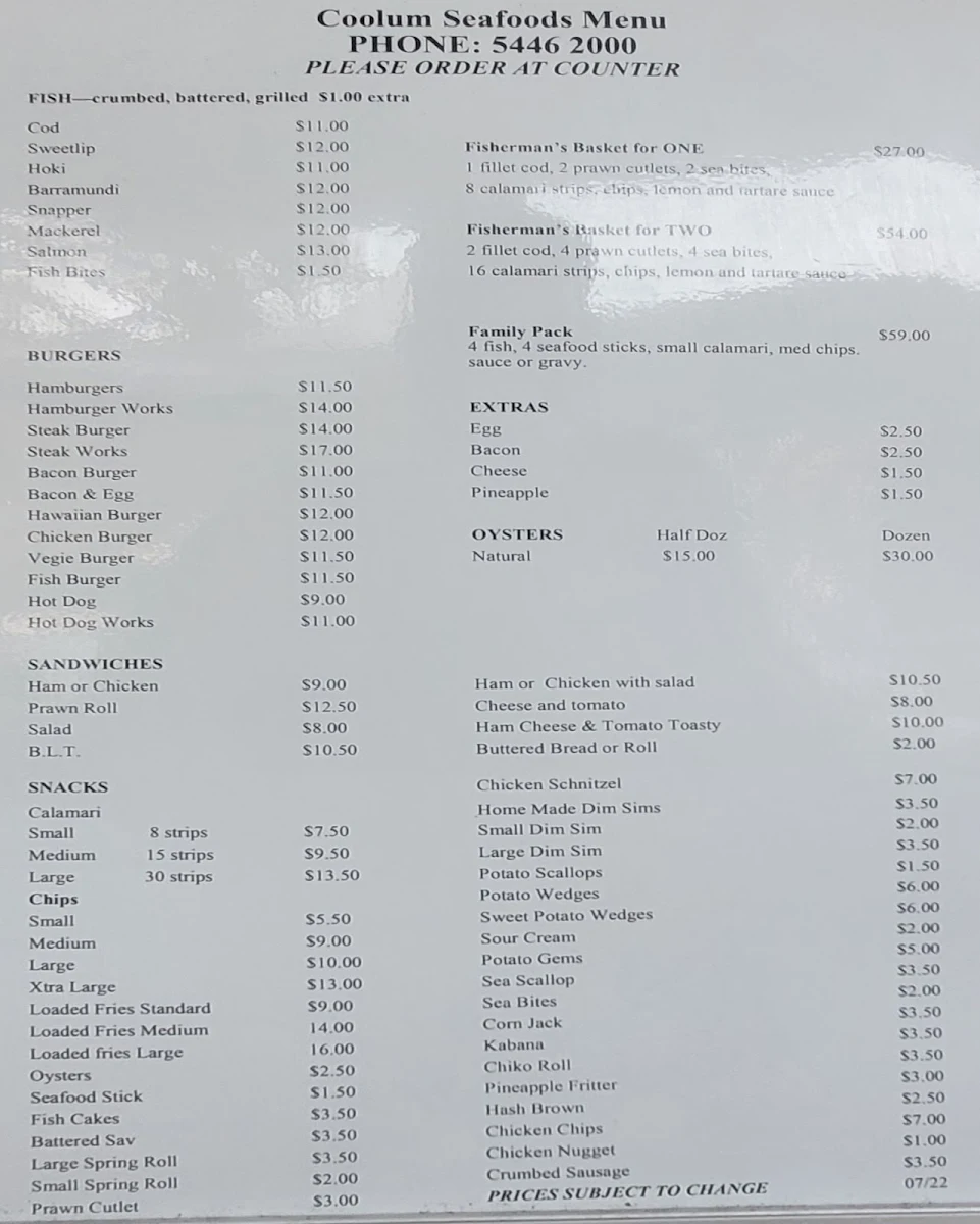 Menu, Coolum Seafood