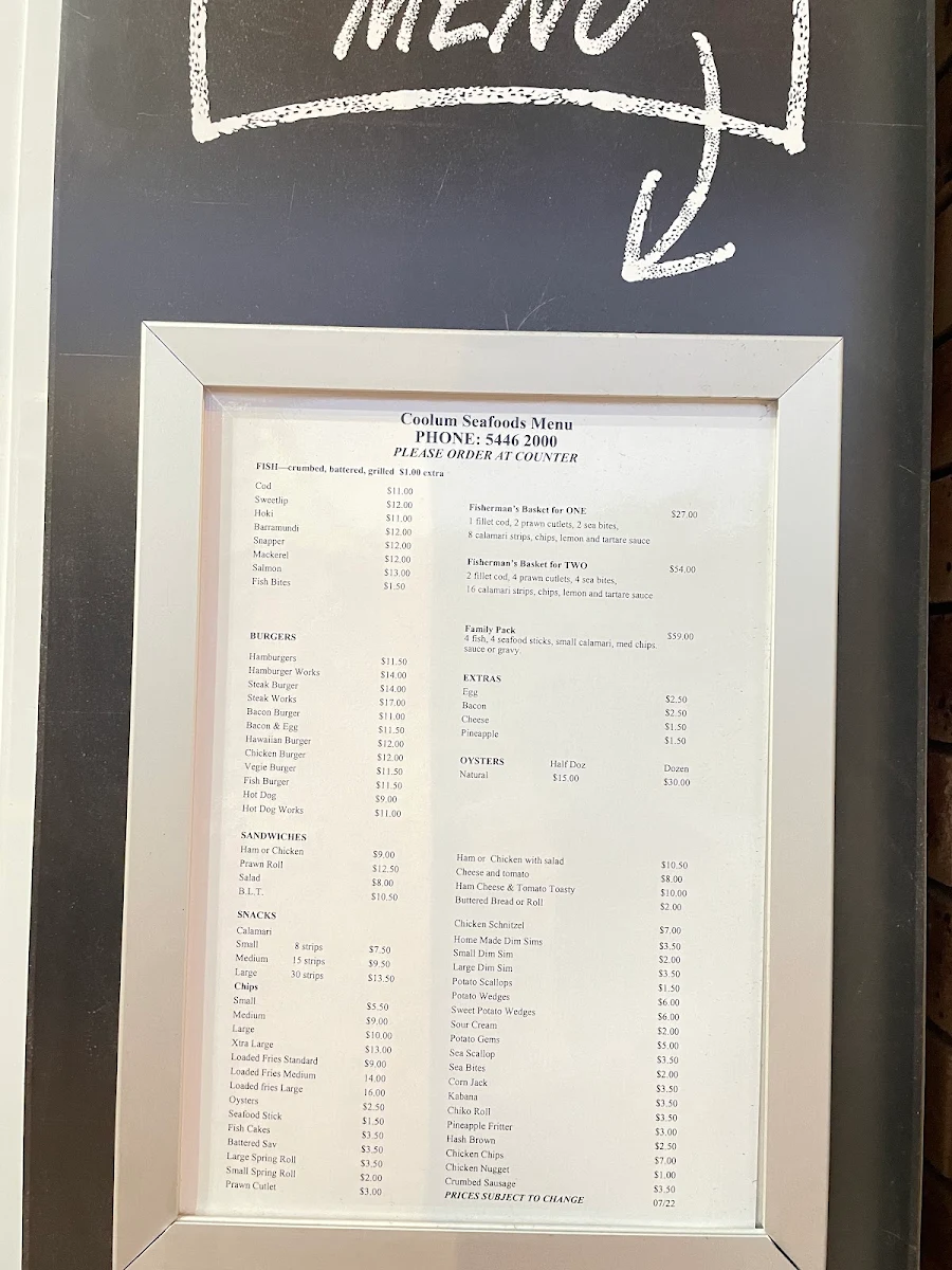 Menu, Coolum Seafood