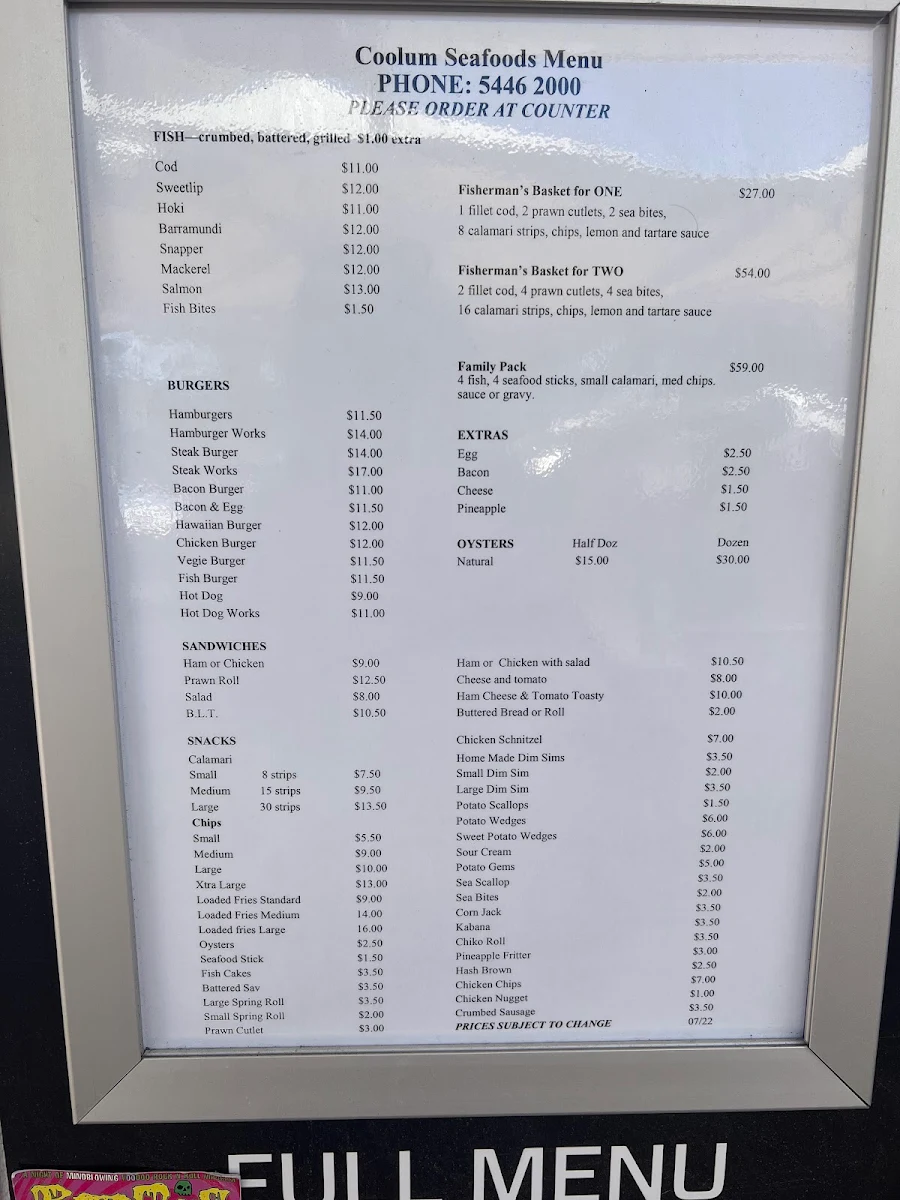Menu, Coolum Seafood