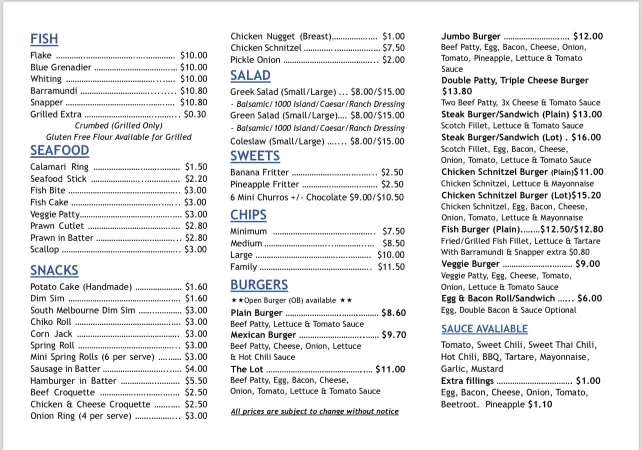 Menu, Golden Star Fish & Chips