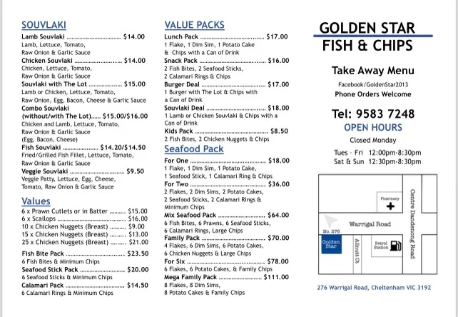 Menu, Golden Star Fish & Chips