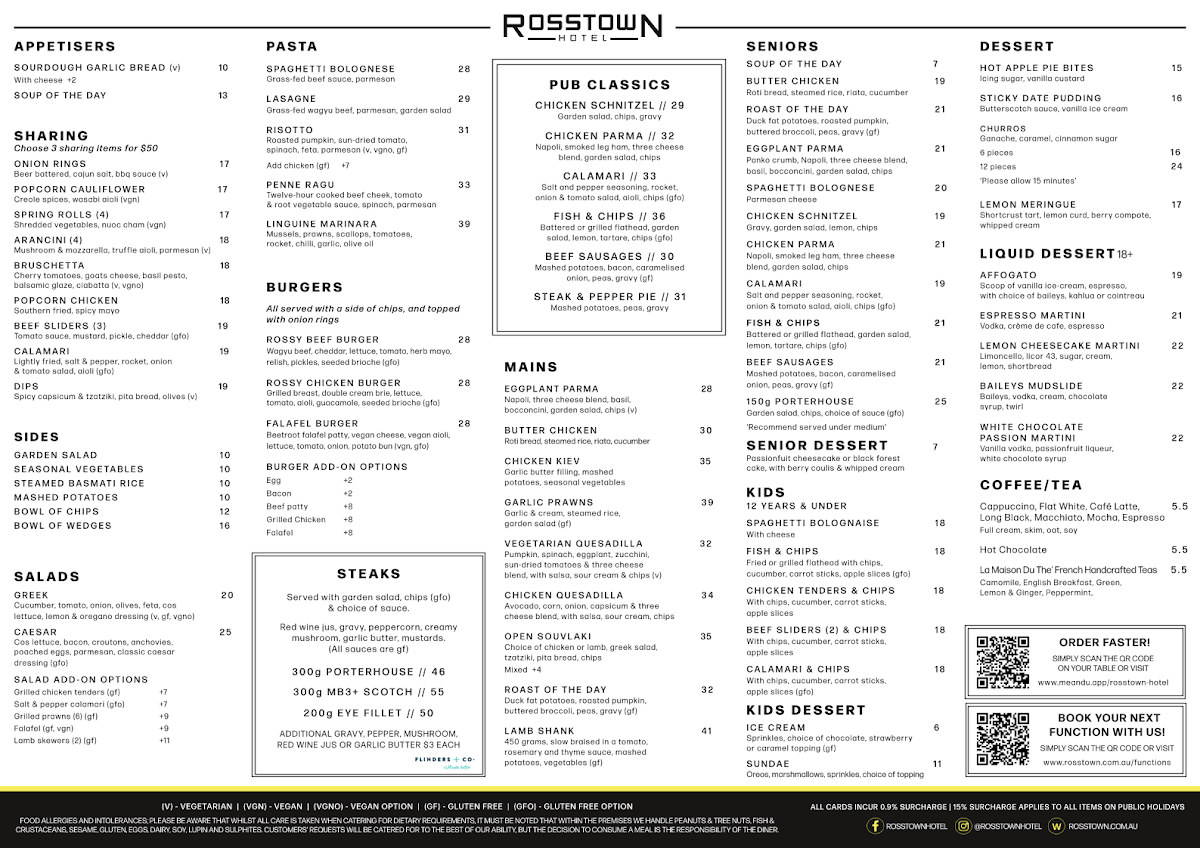 Menu, Rosstown Hotel