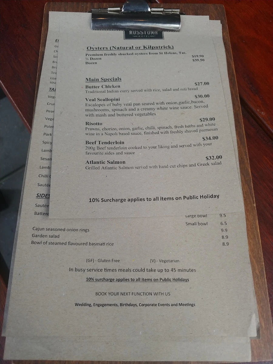 Menu, Rosstown Hotel