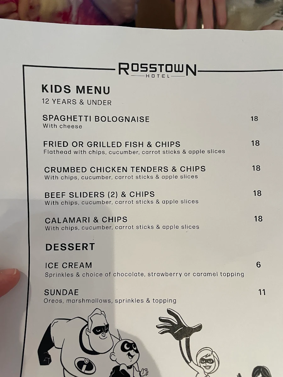 Menu, Rosstown Hotel