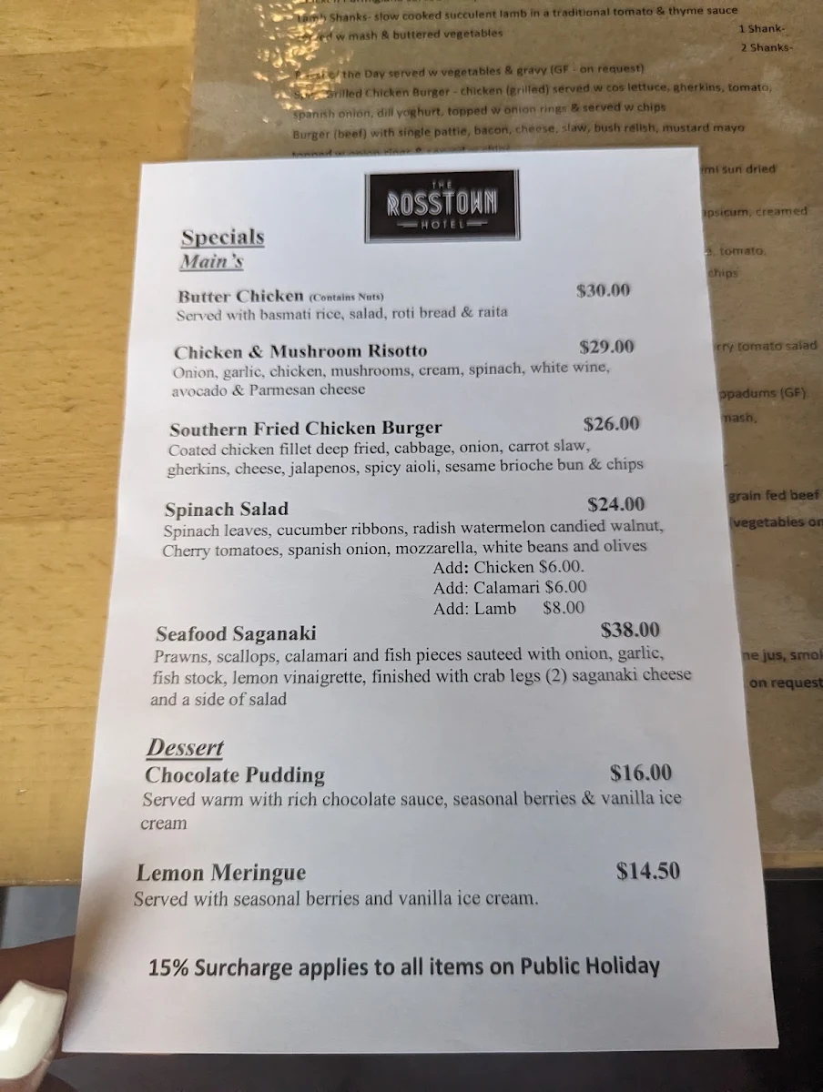 Menu, Rosstown Hotel
