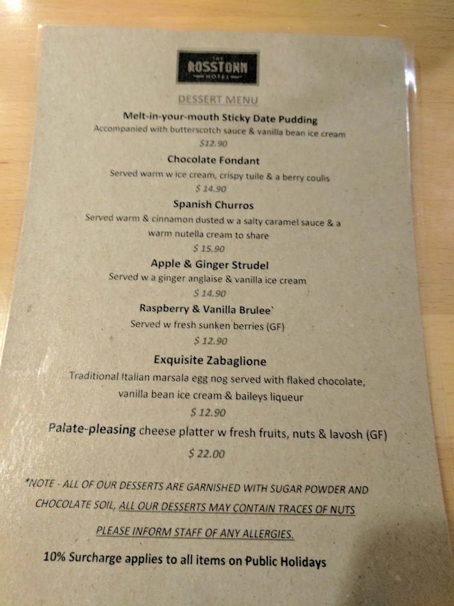 Menu, Rosstown Hotel