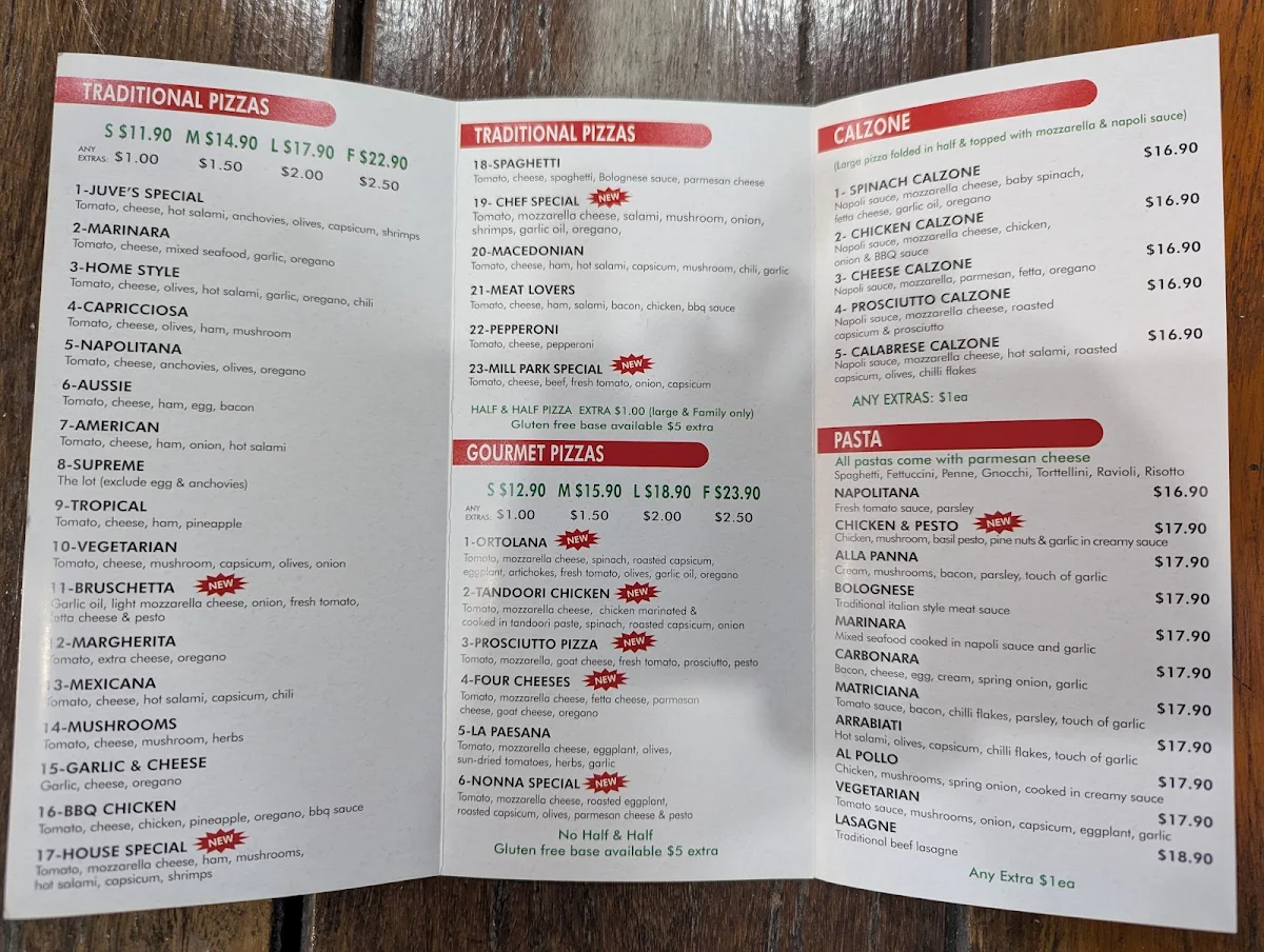 Menu, Juve's Pizza and Pasta