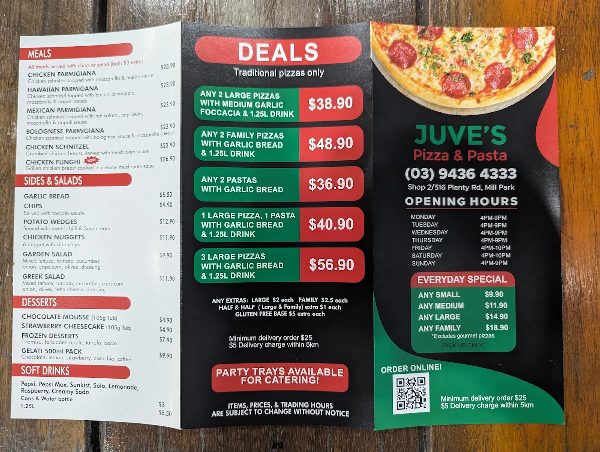 Menu, Juve's Pizza and Pasta