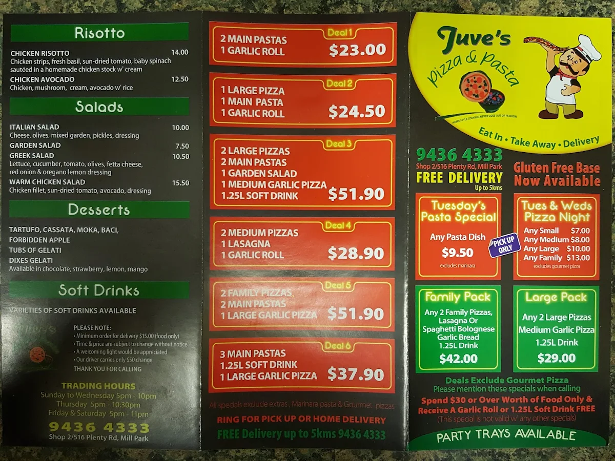 Menu, Juve's Pizza and Pasta