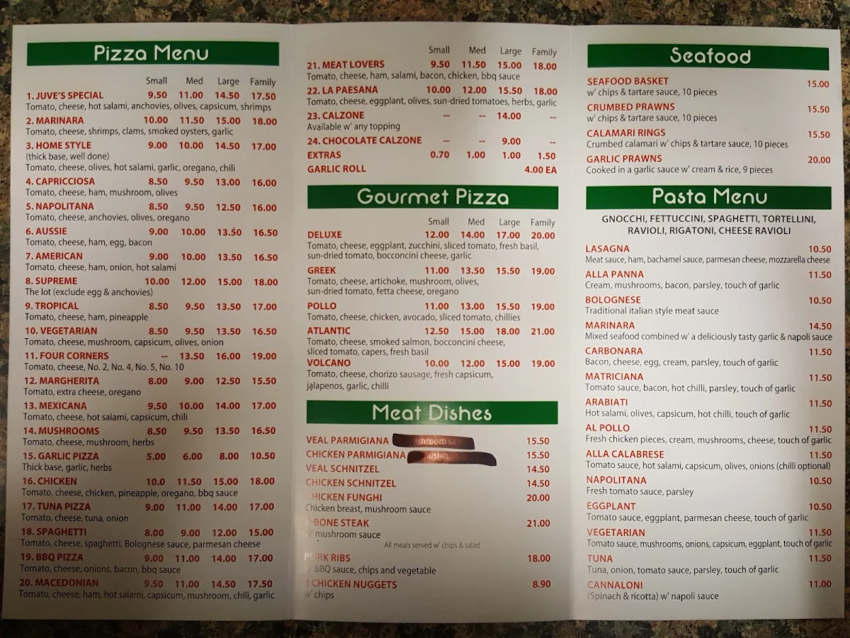 Menu, Juve's Pizza and Pasta