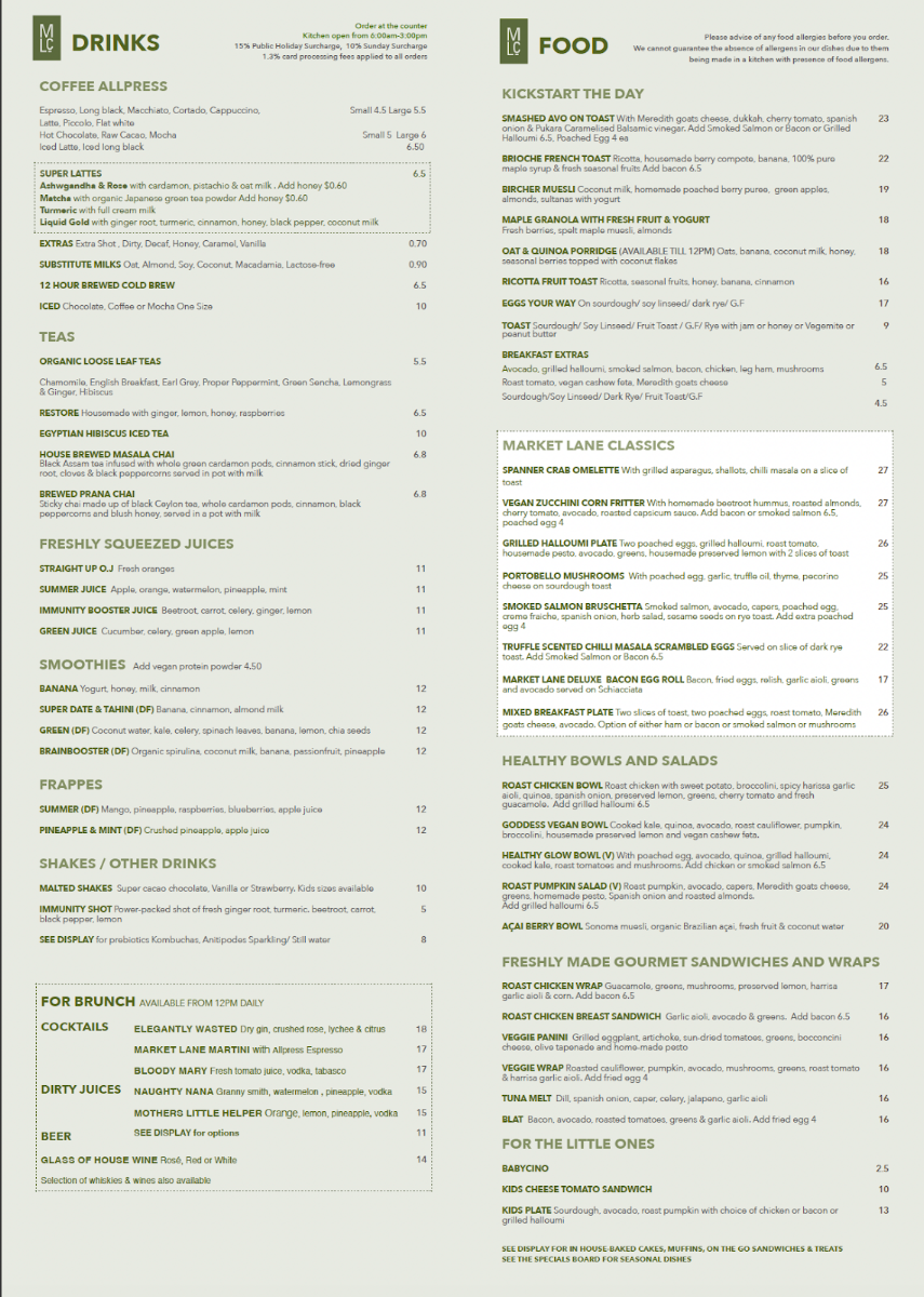 Menu, Market Lane Cafe