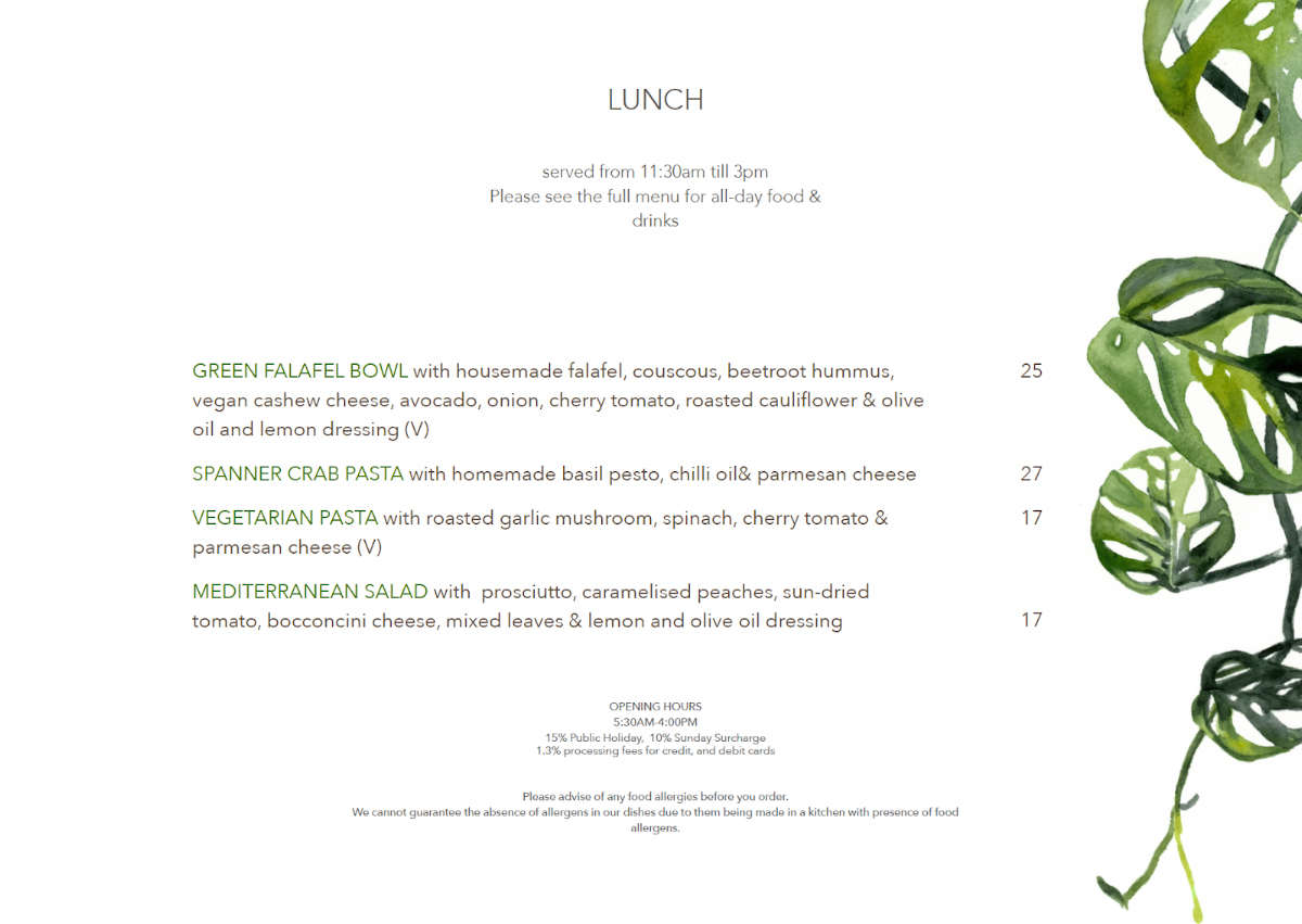 Menu, Market Lane Cafe