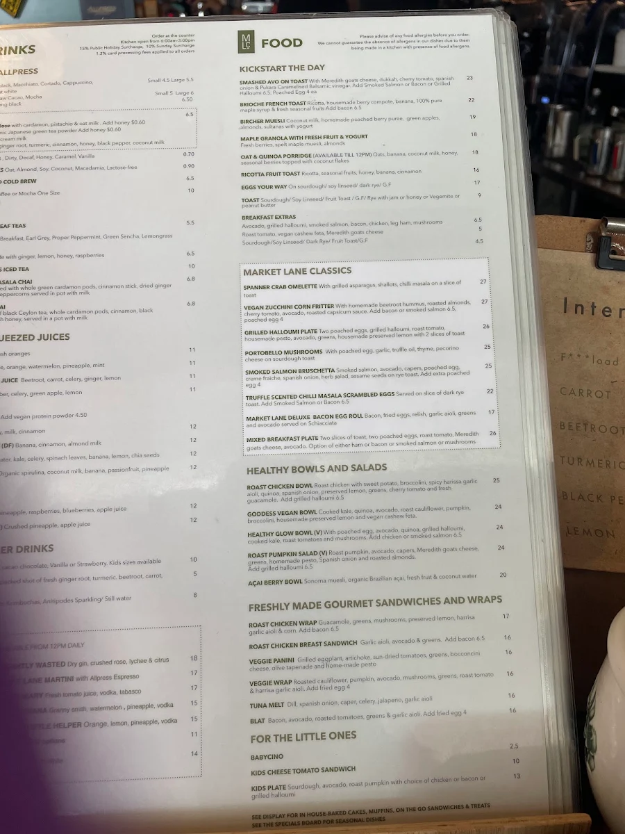 Menu, Market Lane Cafe