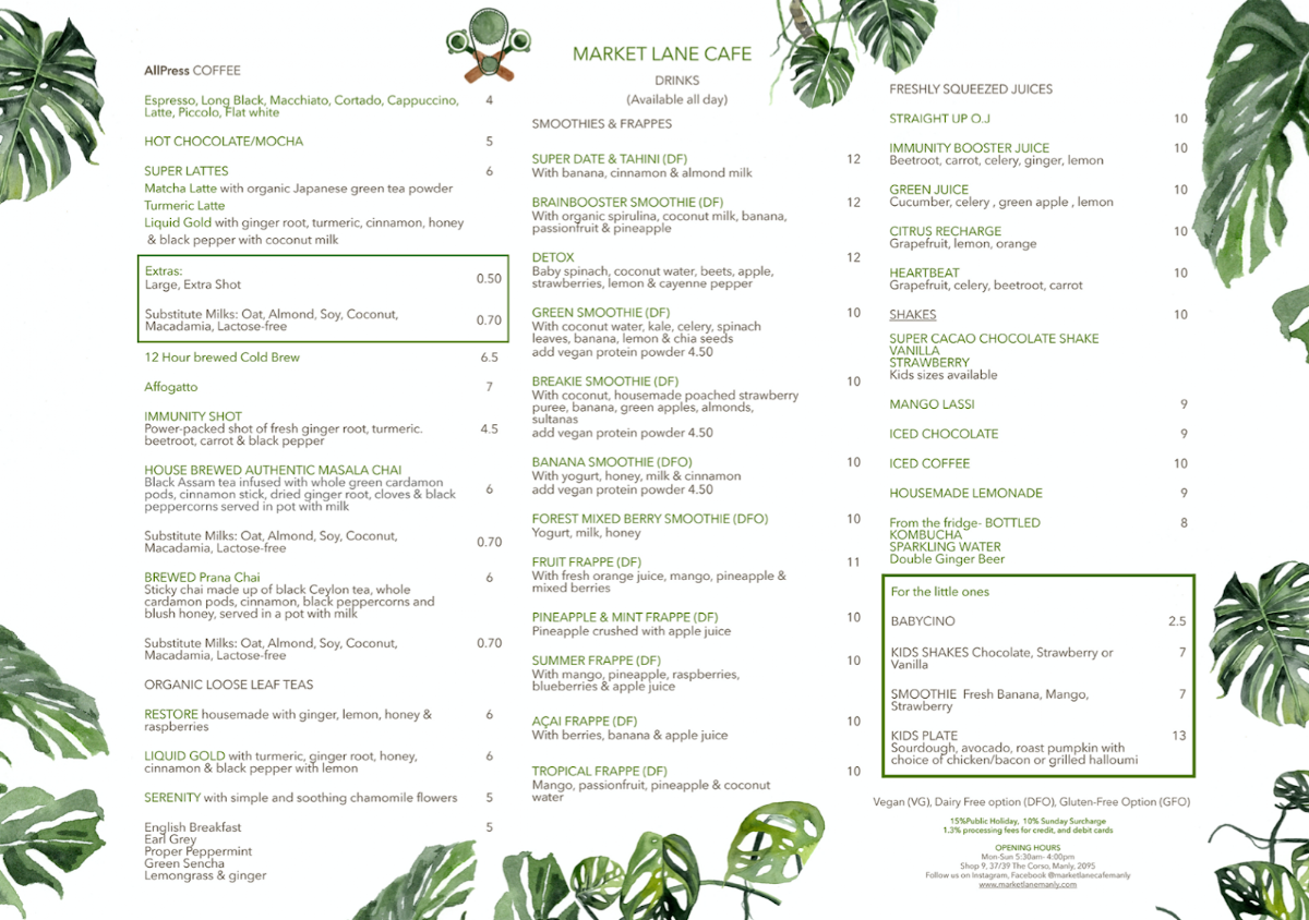 Menu, Market Lane Cafe