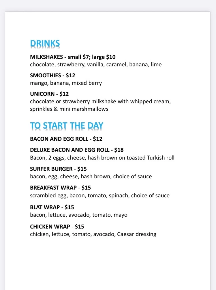 Menu, TABOURIE TAKEAWAY