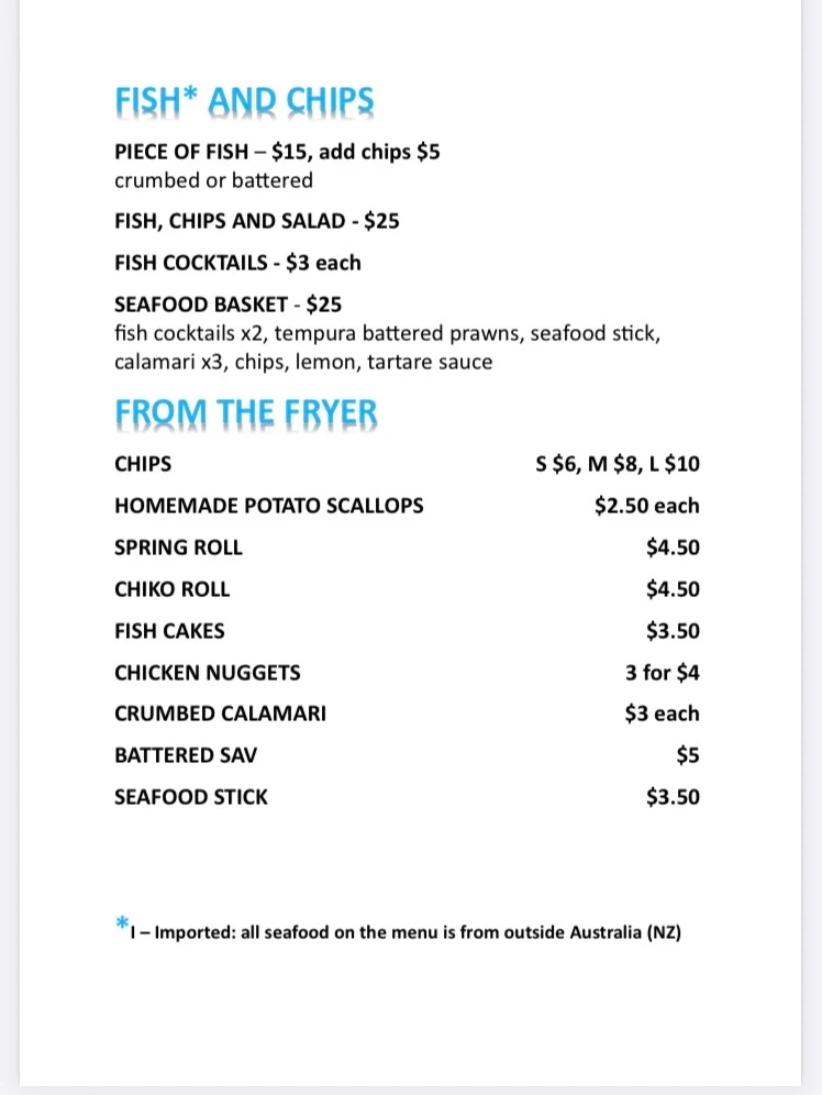Menu, TABOURIE TAKEAWAY