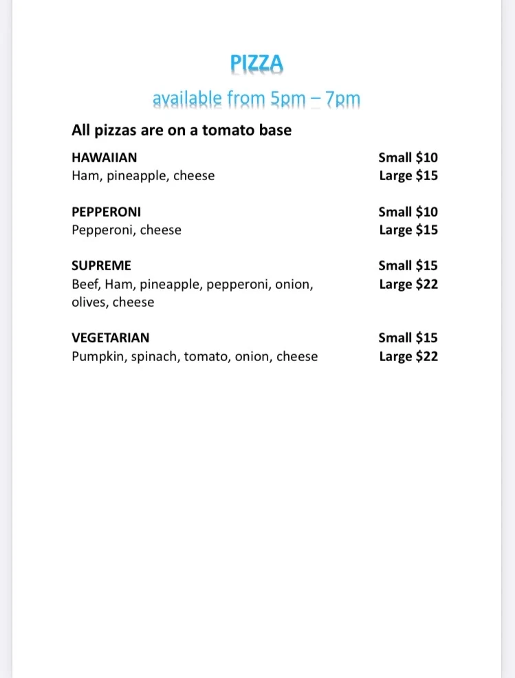 Menu, TABOURIE TAKEAWAY