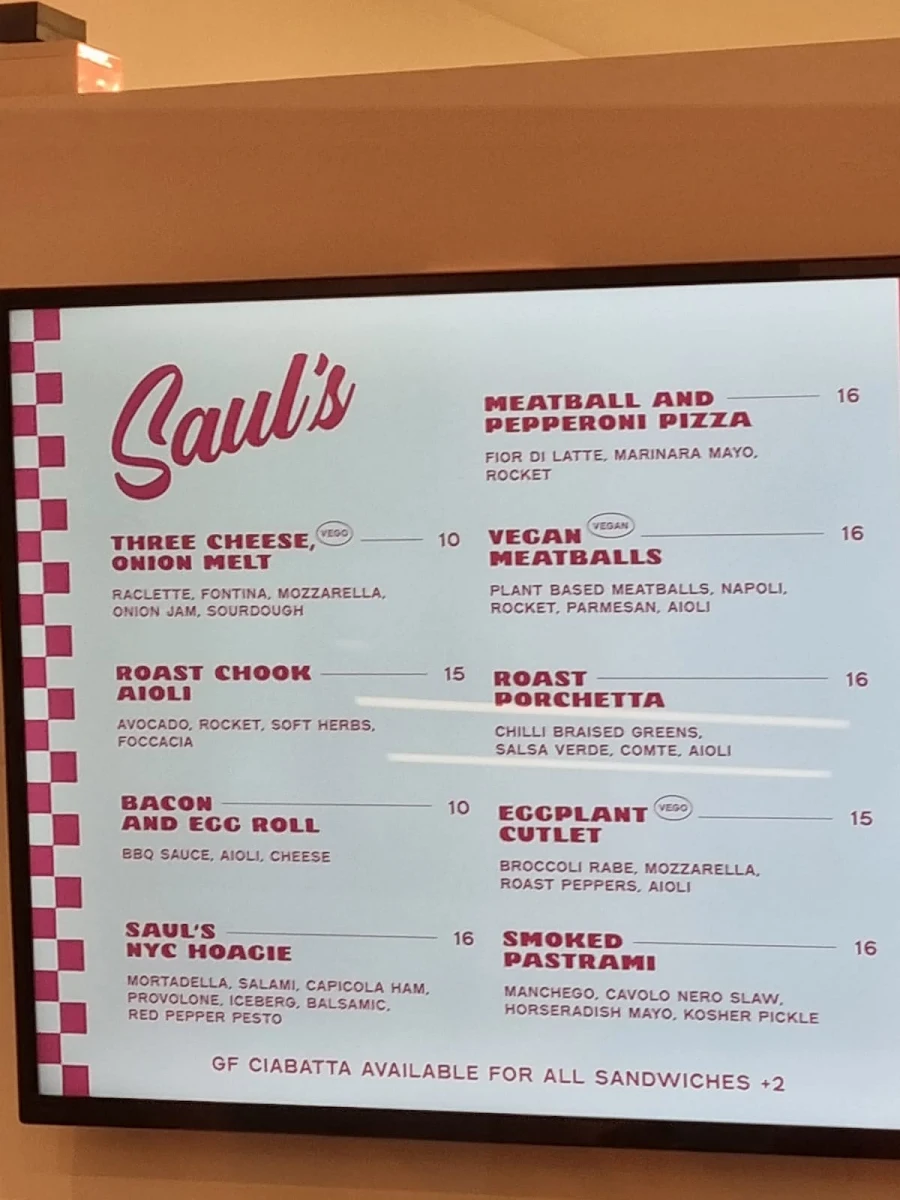 Menu, Saul's Sandwiches