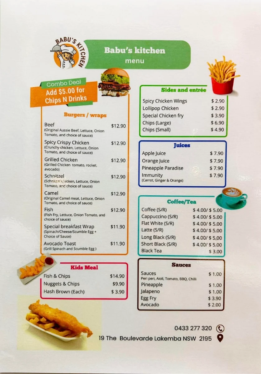 Menu, Babu's Kitchen