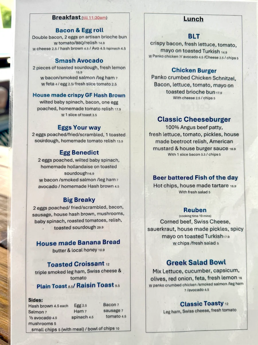 Menu, Lady A Cafe
