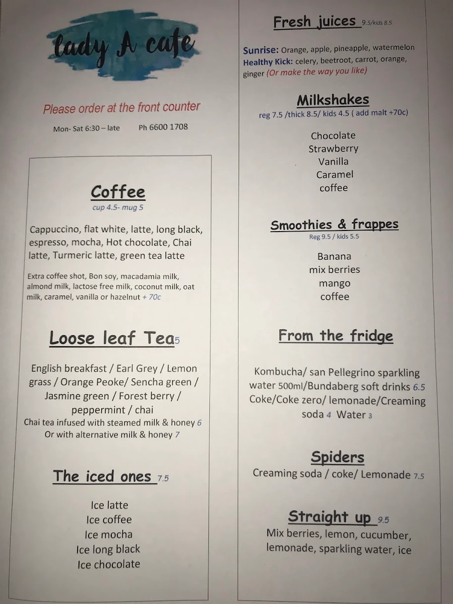 Menu, Lady A Cafe