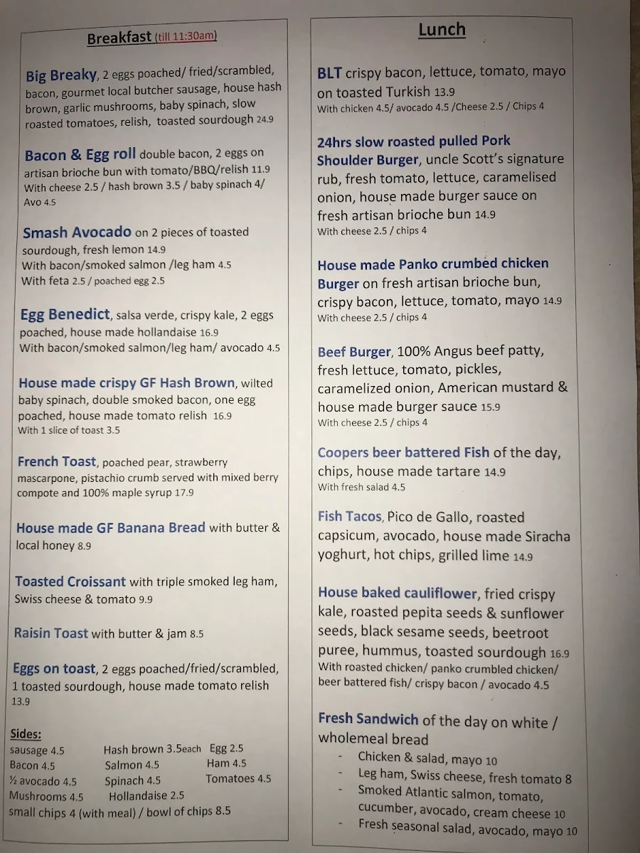 Menu, Lady A Cafe